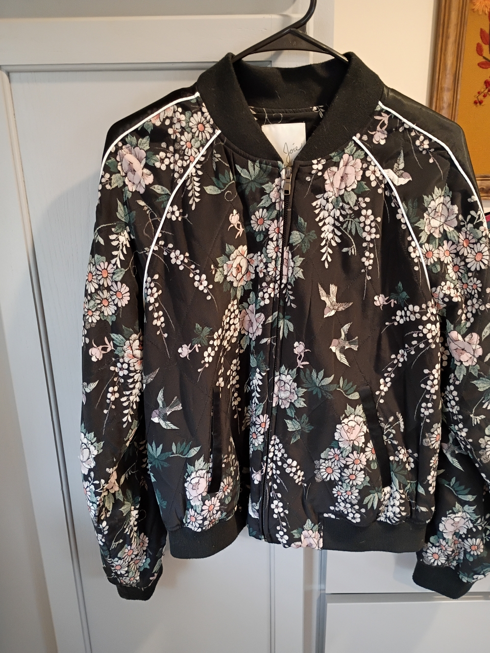 Joie Black Floral Bomber Jacket with Pastel Blooms